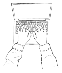Zu sehen ist ein aufgeklappter Laptop, zwei H&auml;nge liegen auf der Tastatur und tippen.