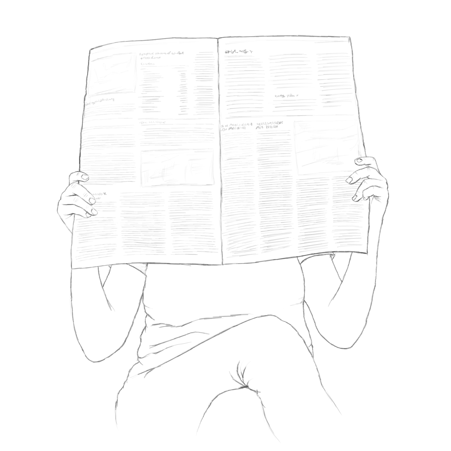Eine Person sitzt mit &uuml;berschlagenen Beinen und h&auml;lt eine aufgeschlagene Zeitung vor sich.