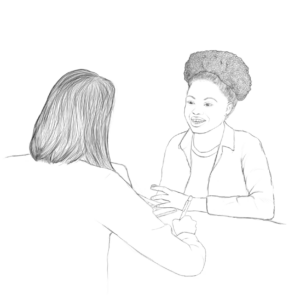 Schwarz-weiße Linienzeichnung von zwei Personen, die sich gegenüber sitzen und im Gespräch sind. Eine Person ist nur von hinten zu sehen, sie hält einen Stift in der Hand, die andere von vorne, sie hat einen Laptop vor sich.
