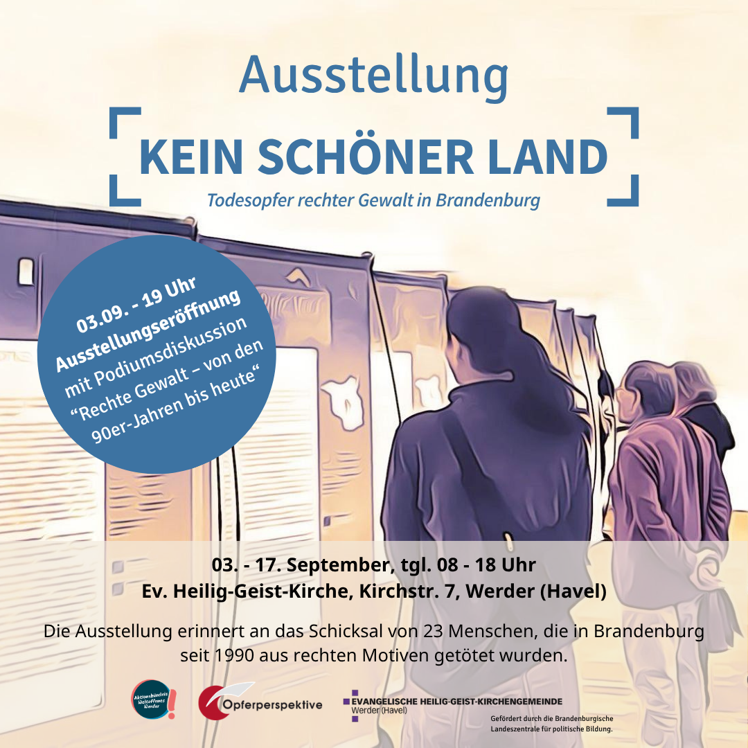 Farbige Strichzeichnung mehrerer Menschen, die sich Ausstellungstafeln anschauen. Darüber der Schriftzug "Ausstellung [Kein Schöner Land] sowie Ort und Datum der Ausstellung.