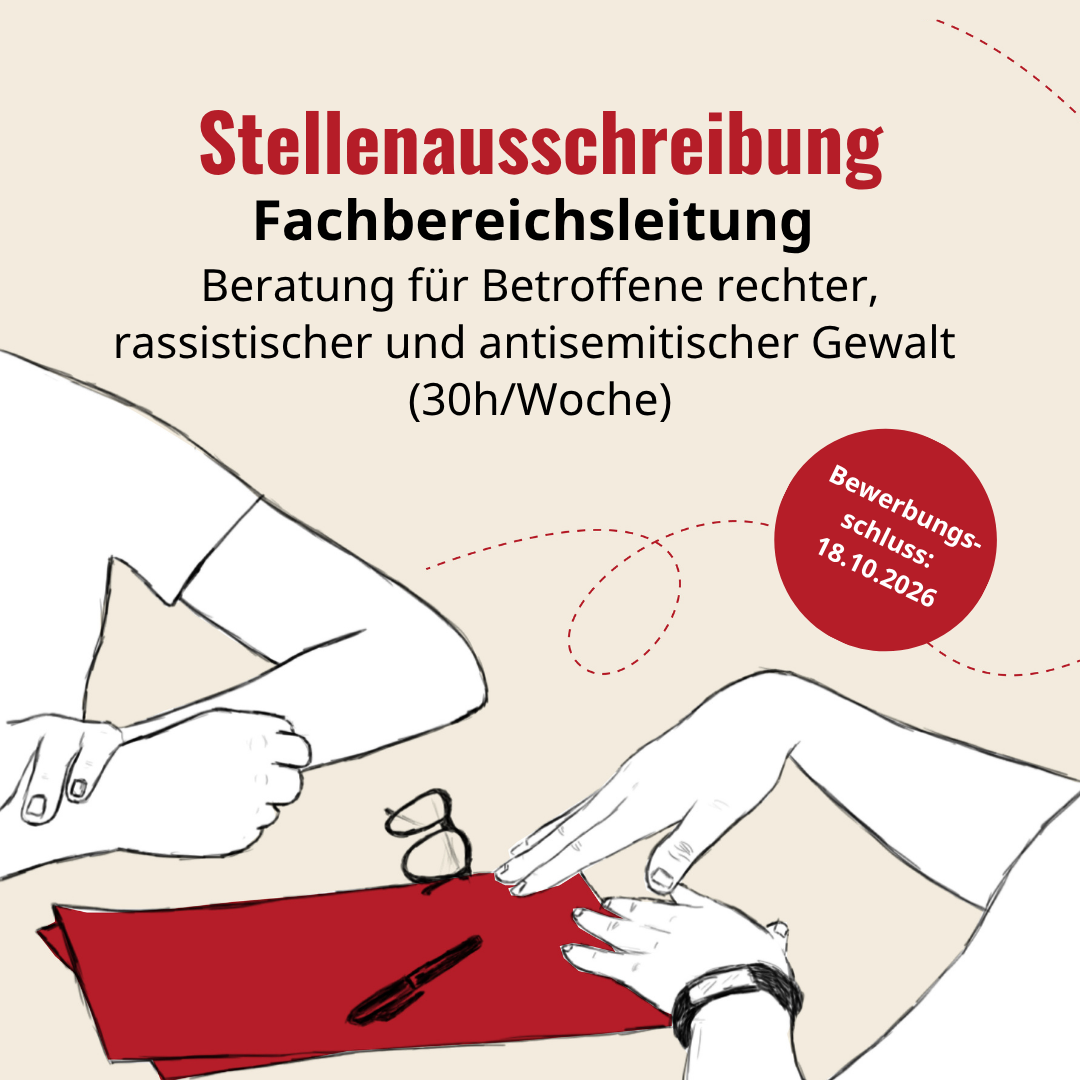 Zu sehen sind Konturen von zwei Personen, die im Gespräch an einem Tisch sitzen. In der Mitte ein Schreibblock. Darüber Text: Stellenausschreibung Fachbereichsleitung